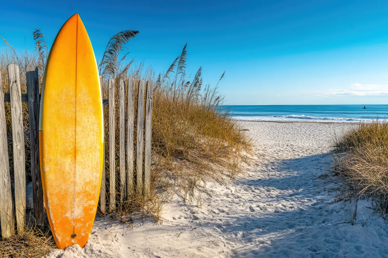 Surfboard by a fence on a French beach